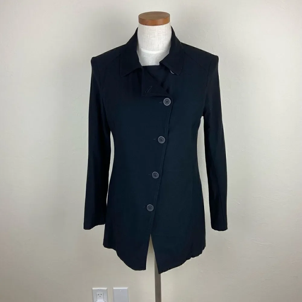 Eileen Fisher Asymmetric Knit Stretch Button-Up Jacket - Black